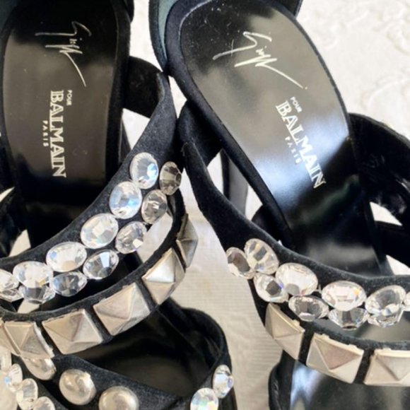 Giuseppe Zanotti x Balmain Black Suede Rhinestone Evening Sandals Heels - Picture 10 of 10